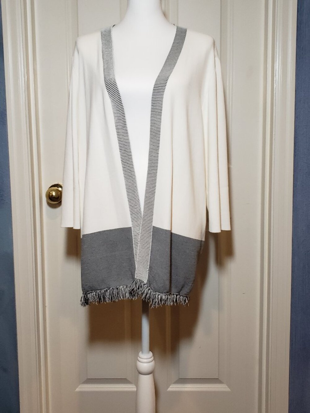 Chico's Cardigan White with Black trim and fringe size 3